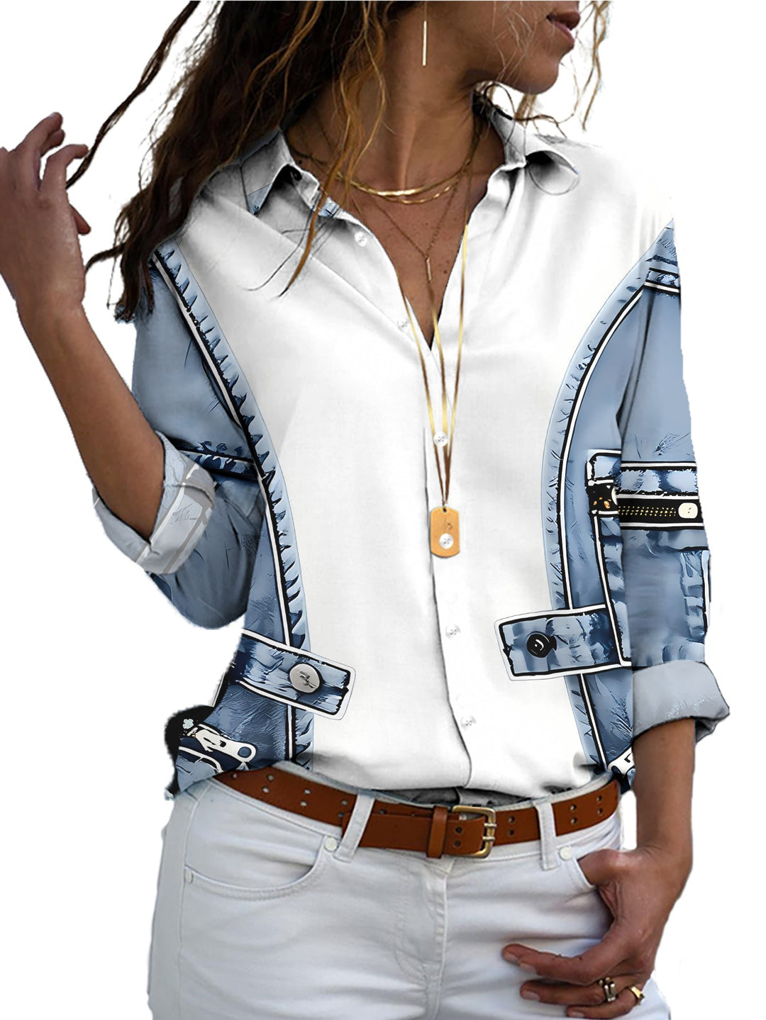 Alfiya - Langarm Hemd Mit Jeans Weste Tasche