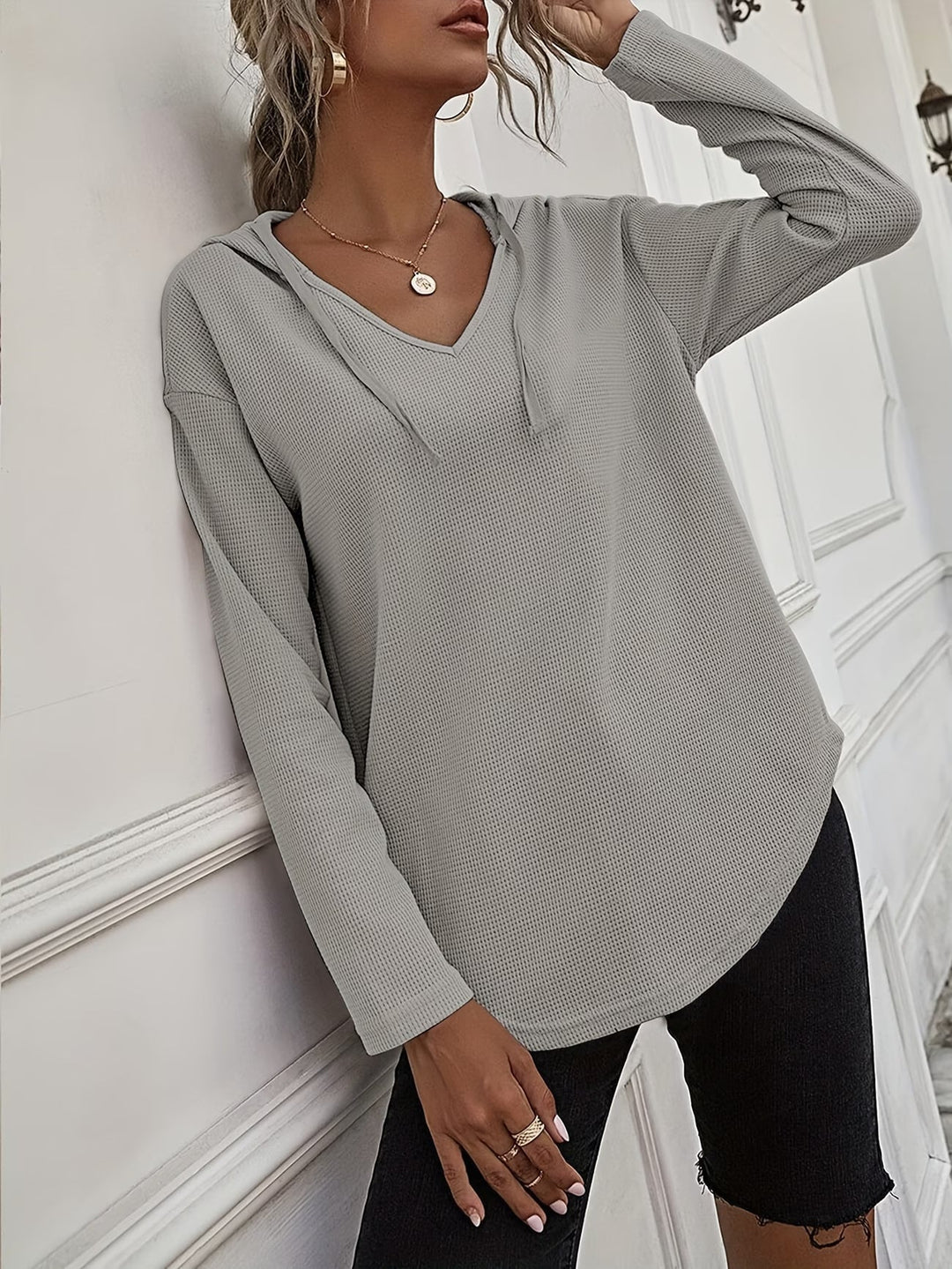 Seonie – Langarm Kapuzenpulli Mit V-ausschnitt