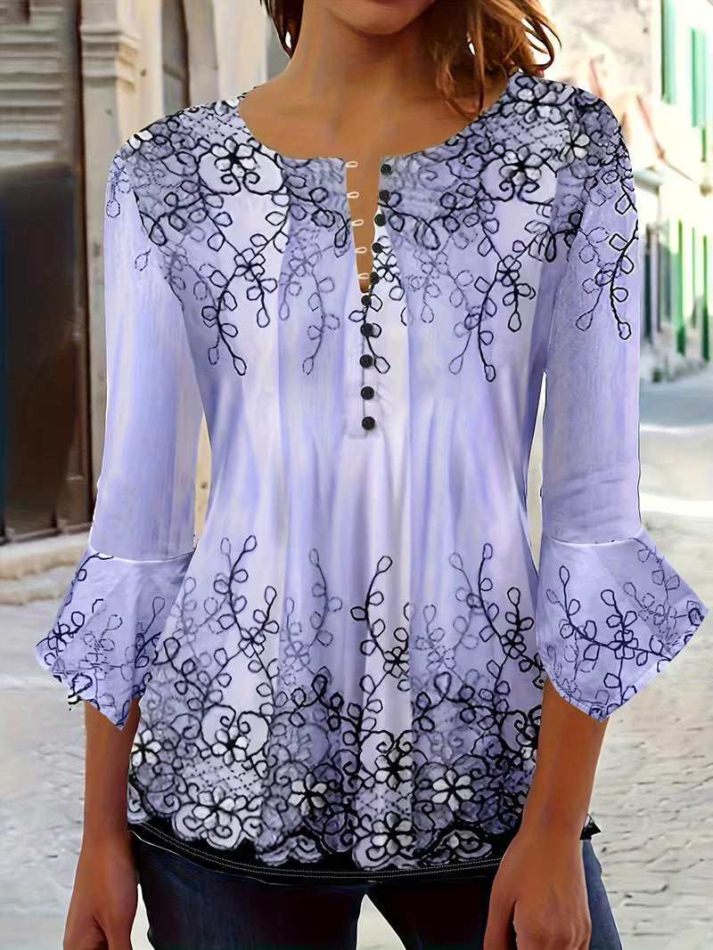 Mesley – Bluse Med Halvlange Ærmer, Blomsterprint Og Flæsekant