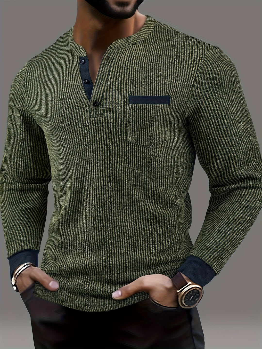 Deegan - Langärmliges Henley Hemd Mit Strukturiertem Gestreiftem Kragen