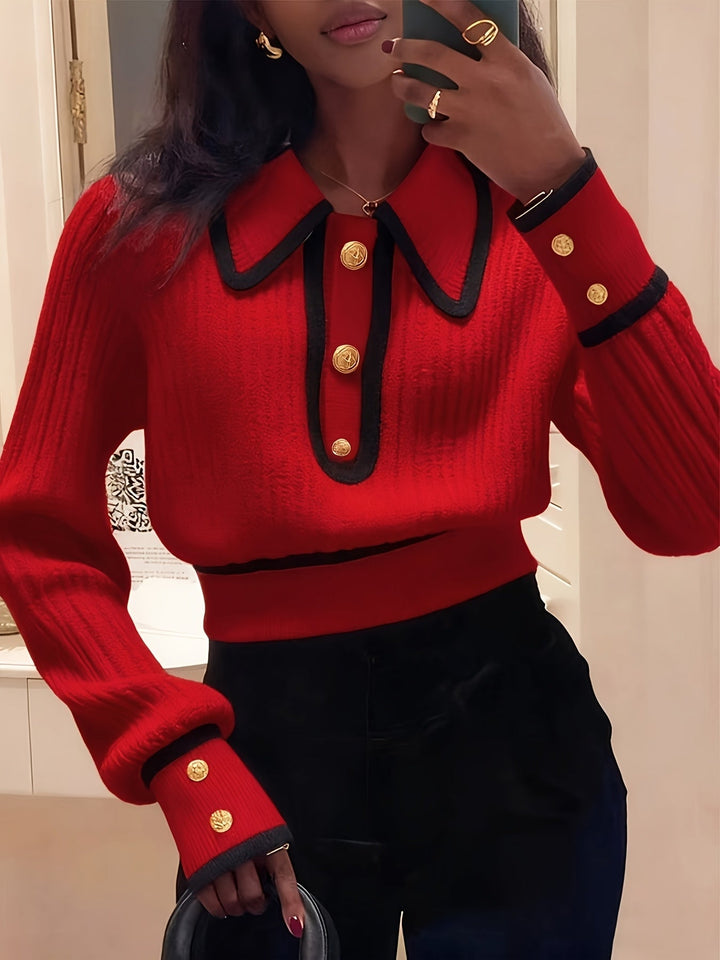 Dilnaz - Langärmeliger Pullover Mit Kontrastfarbenen Paspeln Und Knöpfen