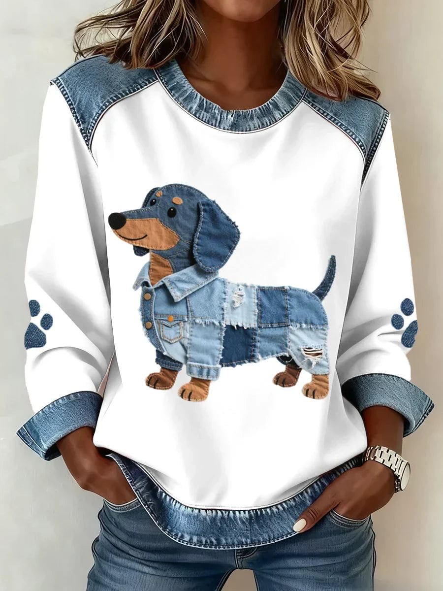 Lilah – Sweatshirt Mit Dackel Drucken Und Patchwork