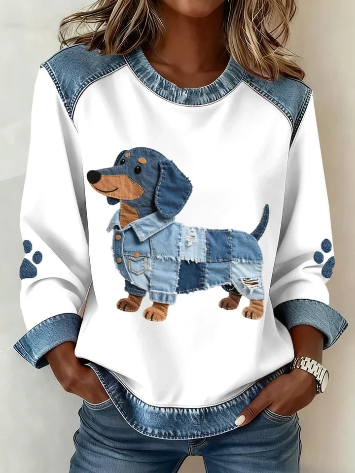 Lilah – Sweatshirt Mit Dackel Drucken Und Patchwork