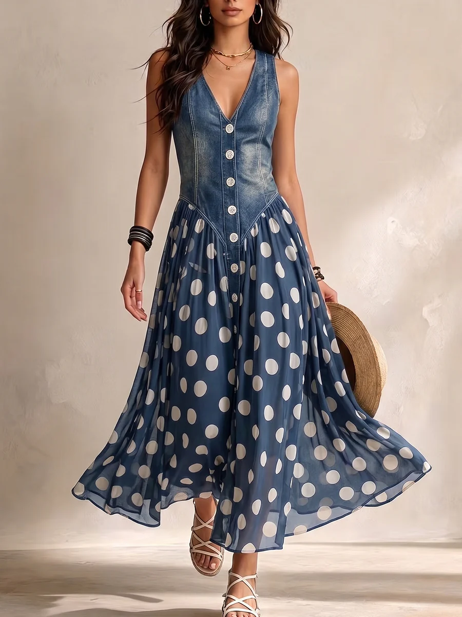 Vylina – Jeans Kleid Mit Chiffonrock Mit Polka-Dots