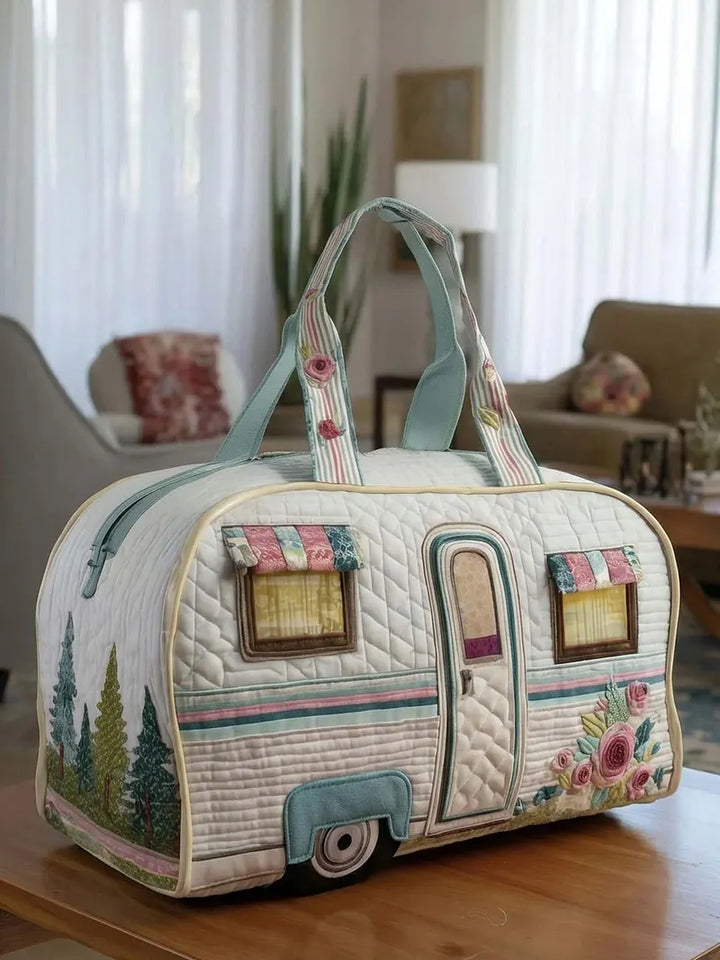 RetroBloom – Gesteppte Reisetasche mit Vintage Wohnmobil Motiv