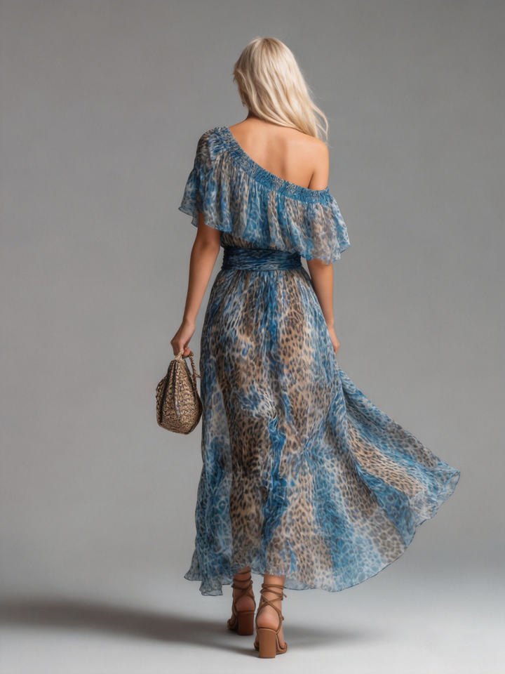 Siania – Chiffon-Kleid Mit Leopardenmuster Und Schulterfreiem Ausschnitt