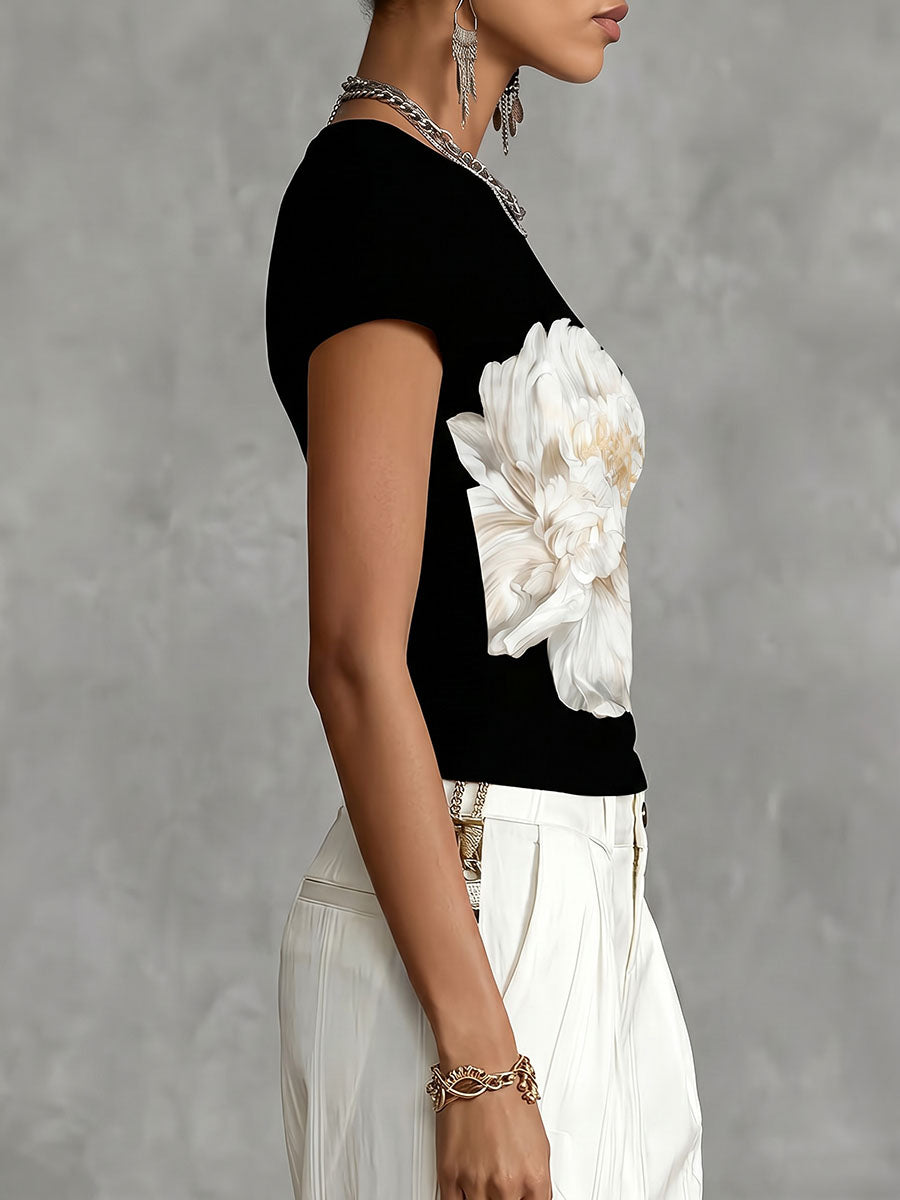 Lunessa – T-Hemd Mit Rundhalsausschnitt Und Zweifarbigem Blumenmuster