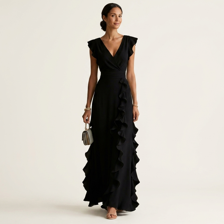 Nellyana - Lässiges Maxi Kleid Mit V-Ausschnitt Flatterärmeln Und Rüschen