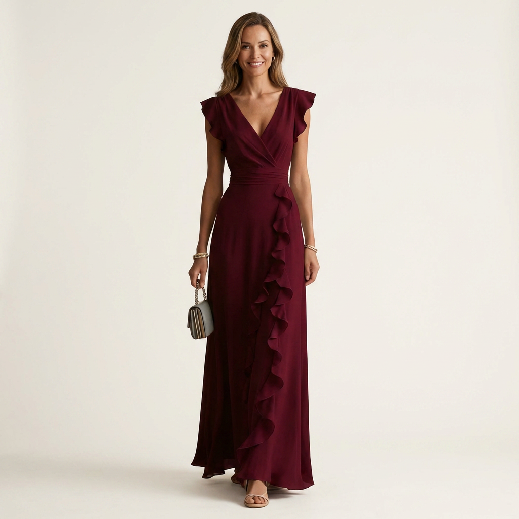 Nellyana - Lässiges Maxi Kleid Mit V-Ausschnitt Flatterärmeln Und Rüschen