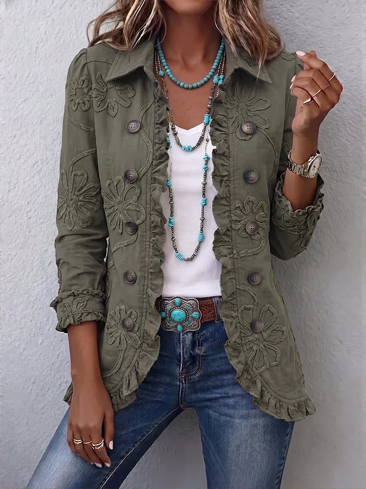 Eloria – Jacke mit Knopfleiste und Rüschen am Saum, mit Blumenstickerei
