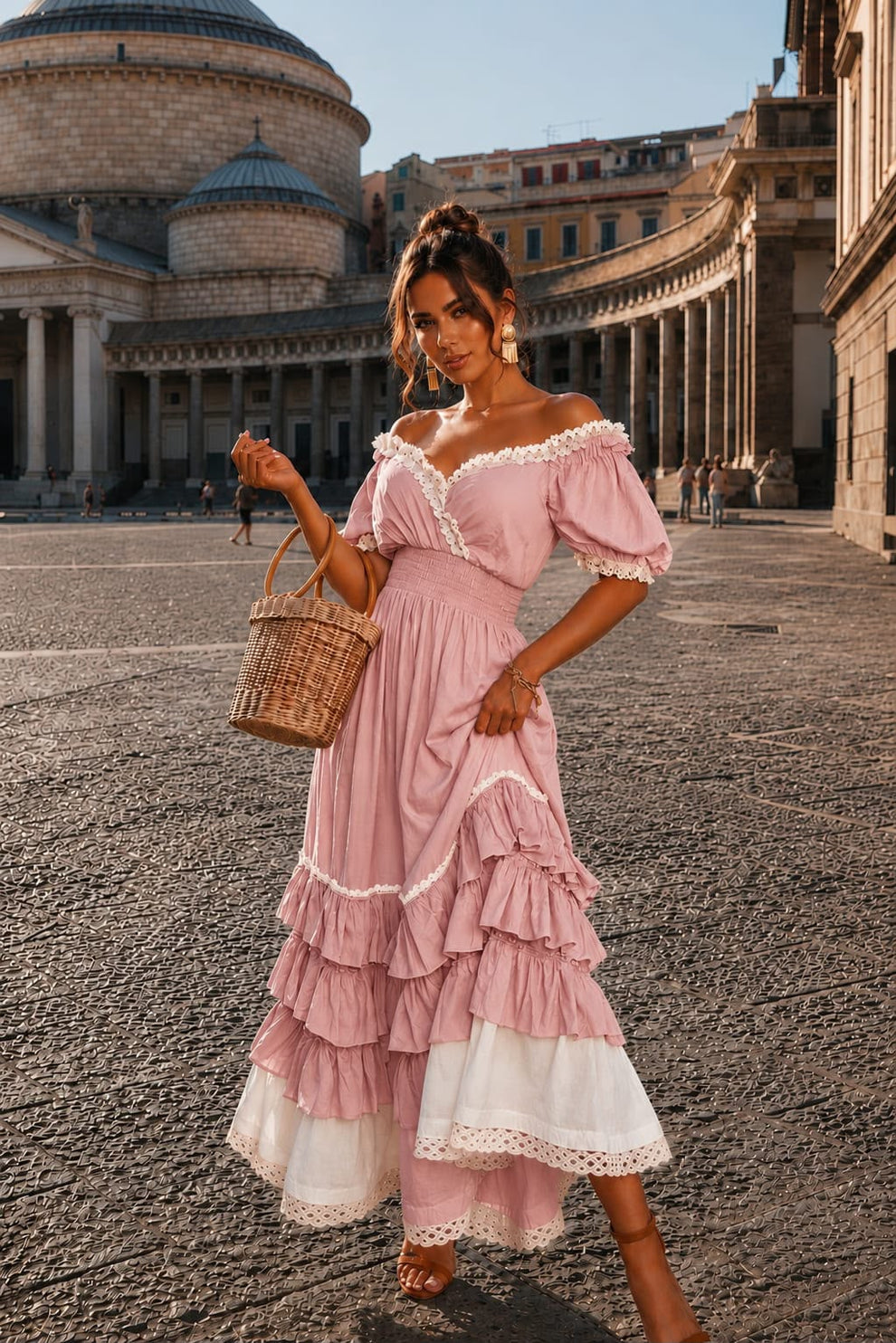 Naeun - Schulterfreies Maxikleid Mit Rüschen Und Spitzenbesatz