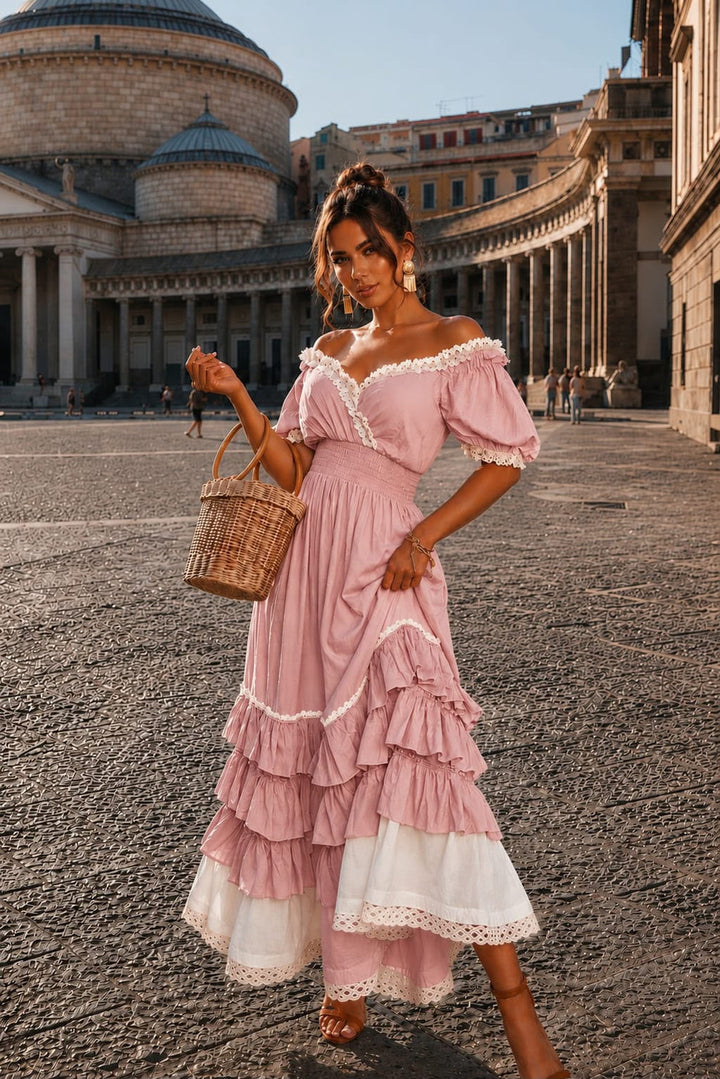 Naeun - Schulterfreies Maxikleid Mit Rüschen Und Spitzenbesatz
