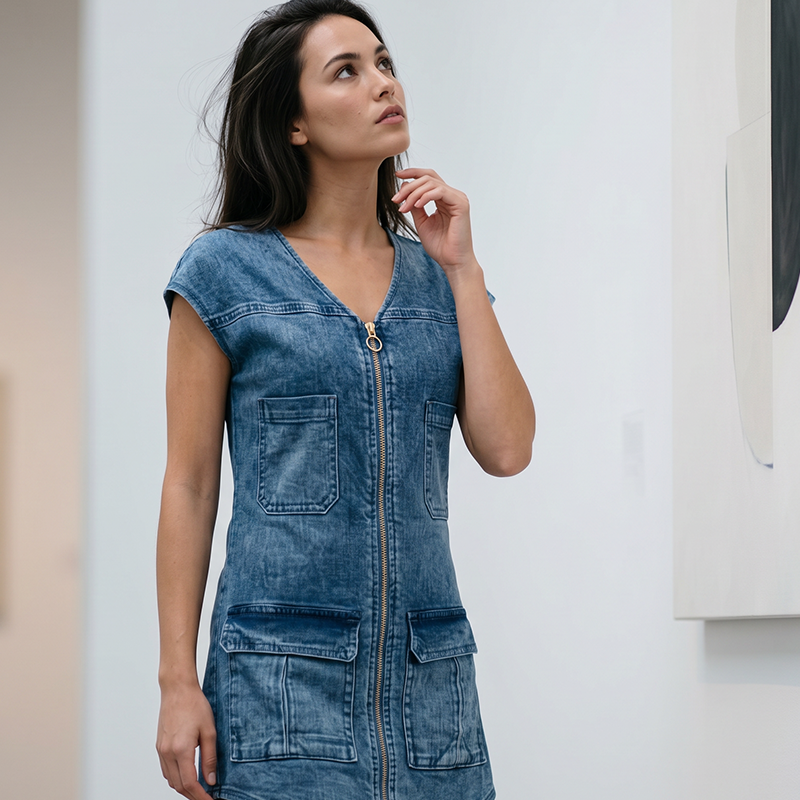 Esinila – Kurzärmeliges Jeans Kleid Mit Reißverschluss