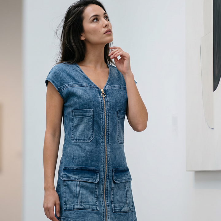Esinila – Kurzärmeliges Jeans Kleid Mit Reißverschluss