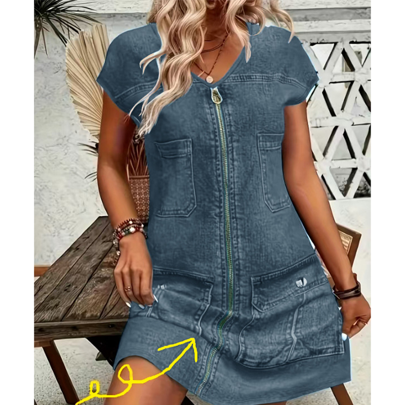Esinila – Kurzärmeliges Jeans Kleid Mit Reißverschluss