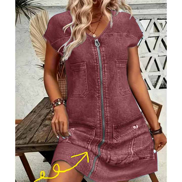 Esinila – Kurzärmeliges Jeans Kleid Mit Reißverschluss