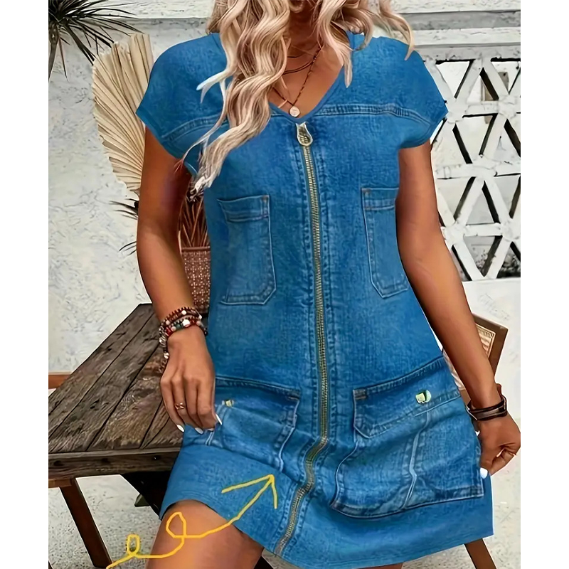 Esinila – Kurzärmeliges Jeans Kleid Mit Reißverschluss